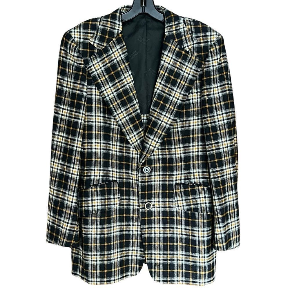 Hardy Amies of London Blazer Sport Coat. Plaid black/gray/gold/white. Sz 42R